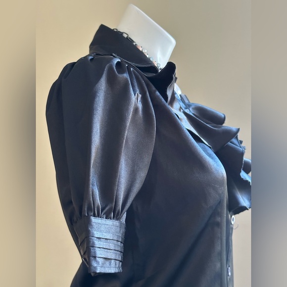 Color Style Black Satin short Striped Sleeves Metal Buttons V Neck Ruffles SZ XL - Picture 6 of 14